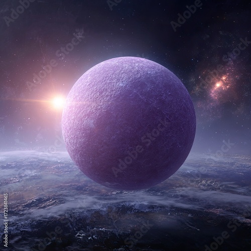 Lavender planet rises over a distant, icy world, bathed in sunlight