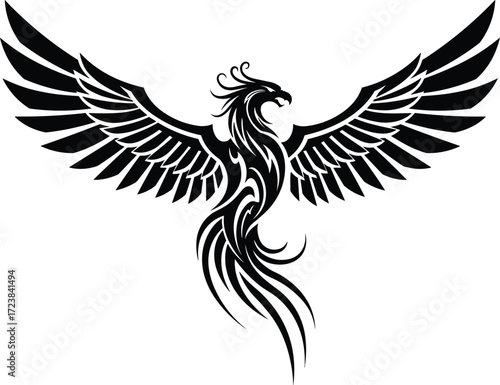 Phoenix bird silhouette with spread wings, tribal tattoo style vector illustration, mythical firebird design isolated on white background for fantasy and legend concept