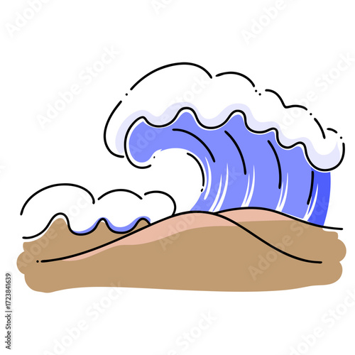Stylized ocean wave illustration with sandy beach background  