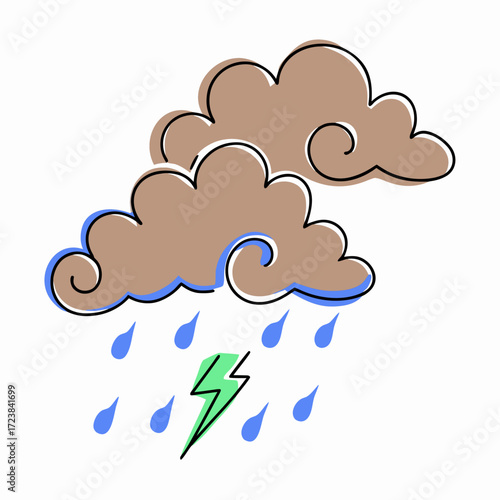 Cartoon rain cloud with lightning and raindrops in colorful style  