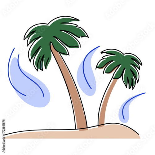Two palm trees swaying in the breeze on a sandy background  