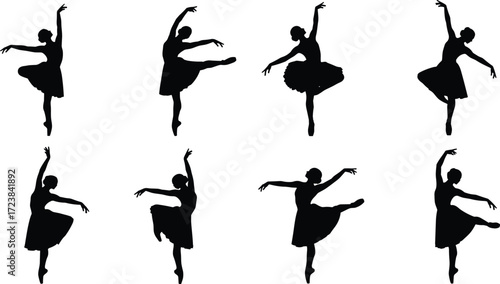 Ballet dancer silhouette set, elegant pose collection, classical dance movement, tutu performance art, graceful vector design, artistic choreography concept