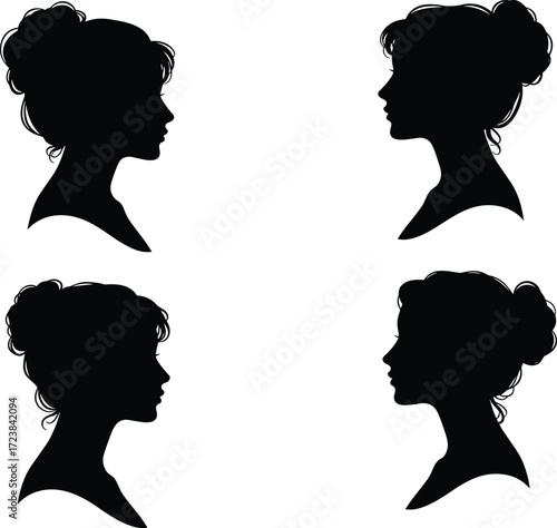 Elegant vintage female silhouette portrait set, woman profile hairstyle variation, classic Victorian cameo  decorative black outline design for art, fashion, beauty, decoration