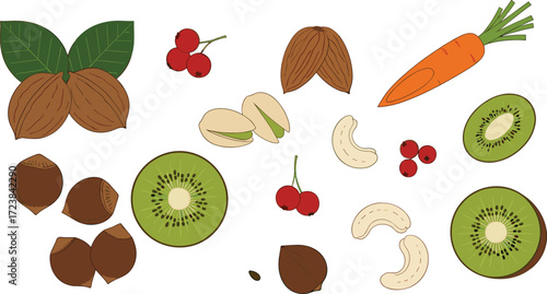 Healthy food vector, nuts and fruits illustration, vegetable icons set, organic snack design, dietary elements, natural nutrition concept art
