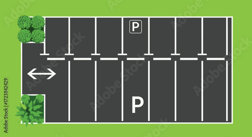 Parking lot vector, top-down layout design, car space illustration, traffic flow diagram, reserved spot icon, urban planning element