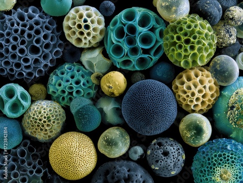 Microscopic spheres, diverse textures, teal, green, yellow hues