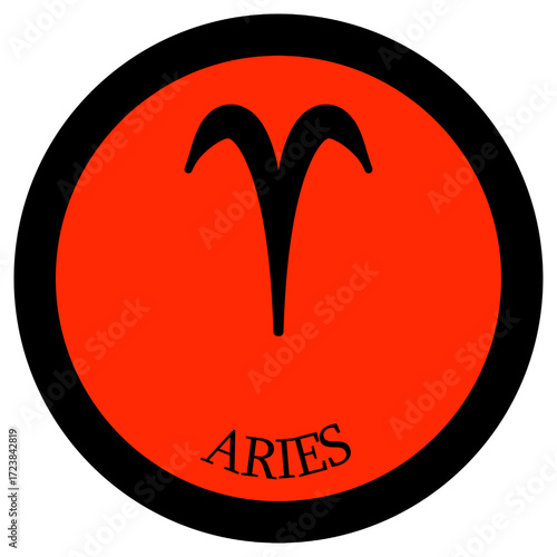 Circle with the zodiac sign Aries. The sign Aries in a red circle with a black rough border. Below the circle the inscription Aries.