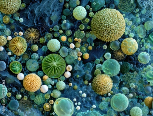 Microscopic underwater scene with diverse, colorful, spherical and spiky organisms