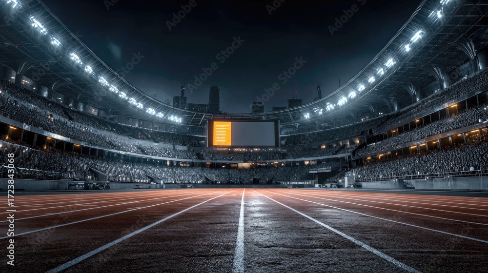 Fototapeta premium Night view of crowded illuminated athletics stadium with running track