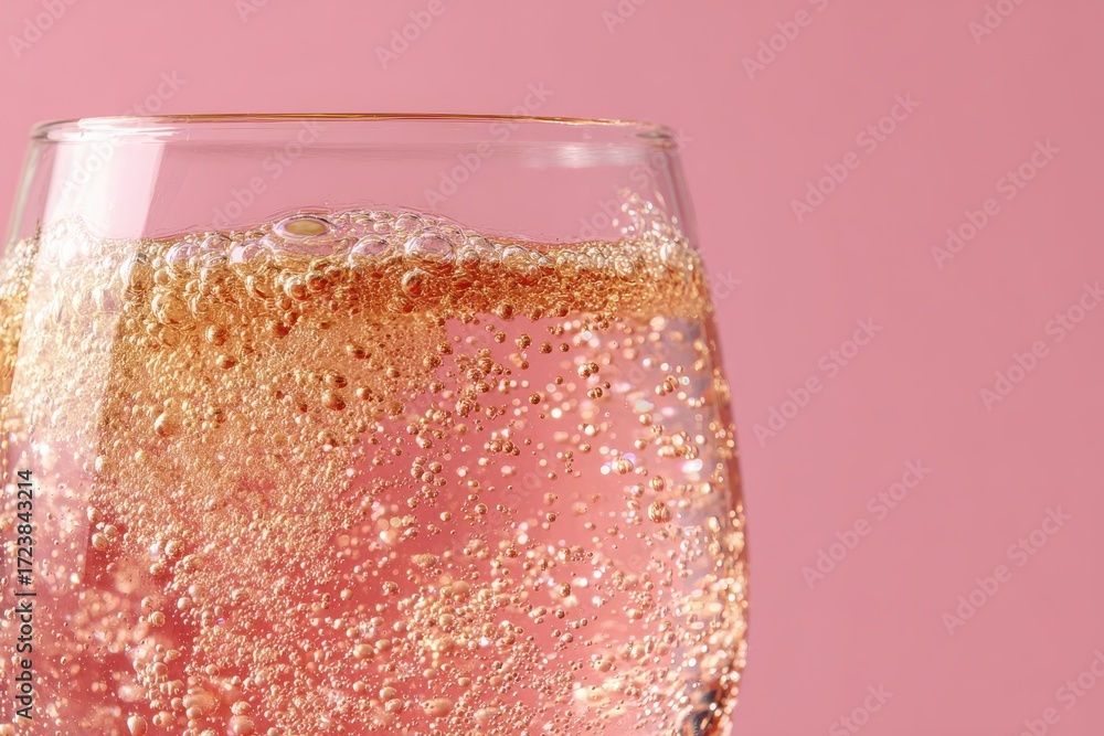 Fototapeta premium Macro Shot of Sparkling Rose Wine with Rising Bubbles