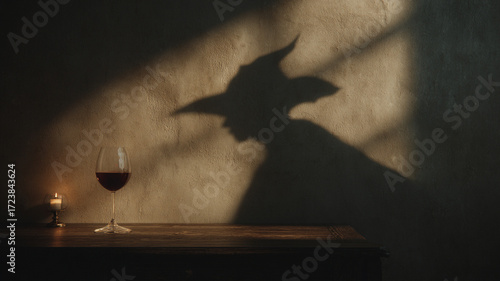 Silhouette of a witch on the background of a wall and a glass of red wine. An invitation to a Halloween party with drinks.