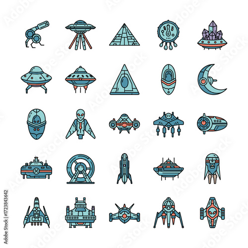 High-Quality Flat Vector Icons: Futuristic Spaceships, Aliens, and UFOs