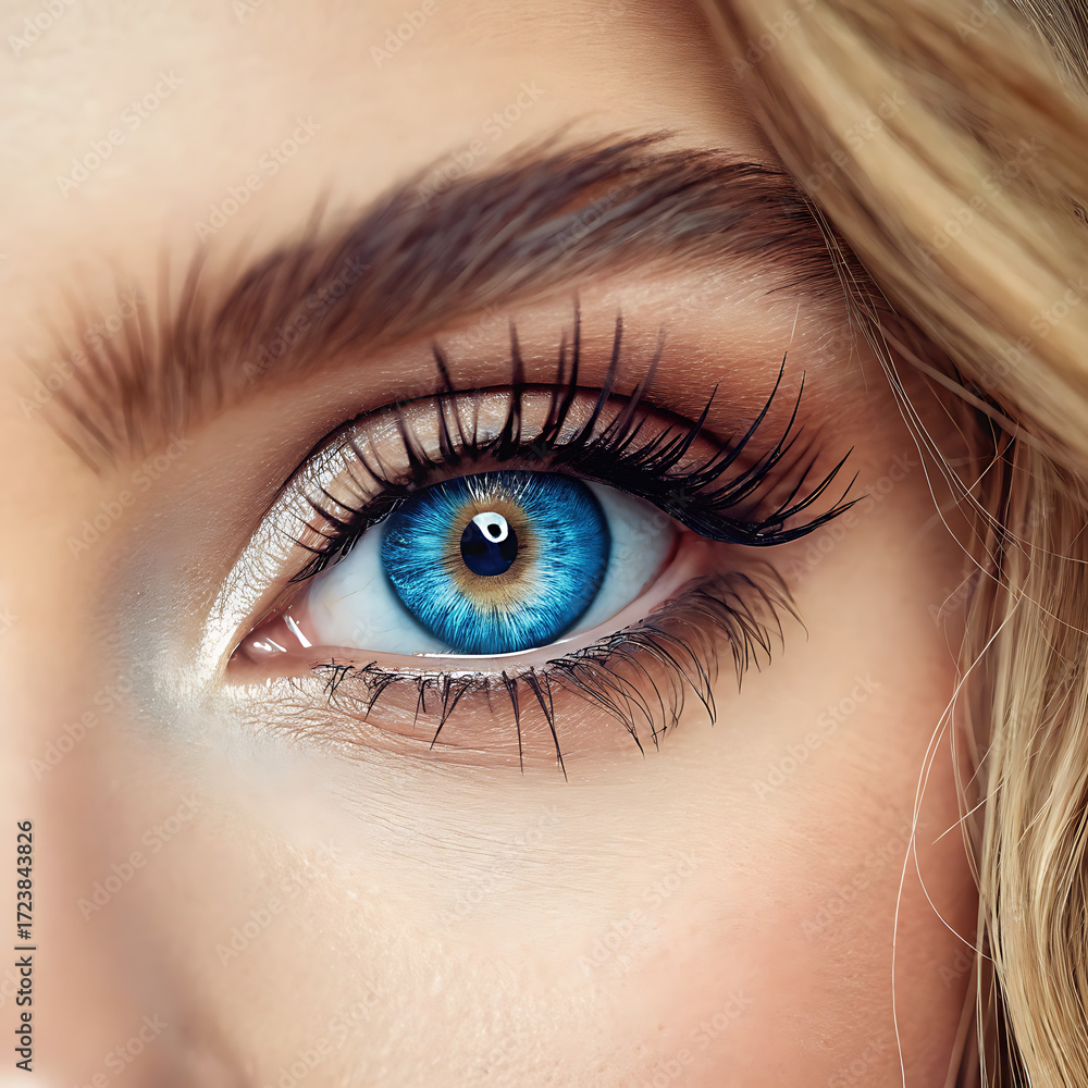 Obraz premium A striking close-up of a piercingly vibrant blue eye with a warm brown ring around the pupil, highlighted by long, perfectly curled eyelashes and a well-groomed eyebrow.