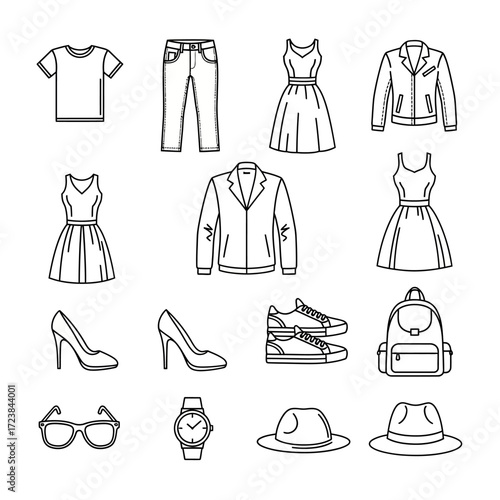 Collection of various clothing and accessories, including t-shirts, jeans, dresses, jackets, shoes, bags, glasses, and watches.