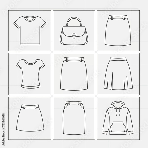 A collection of nine simple line art icons depicting various women's clothing items and accessories.