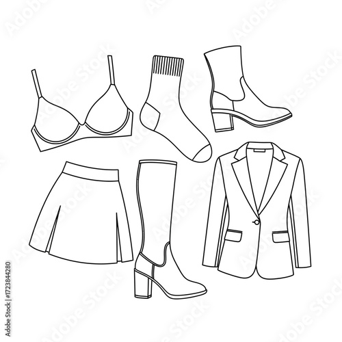 Line art illustration of various women's clothing and accessories including a bra, socks, boots, a skirt, and a blazer.