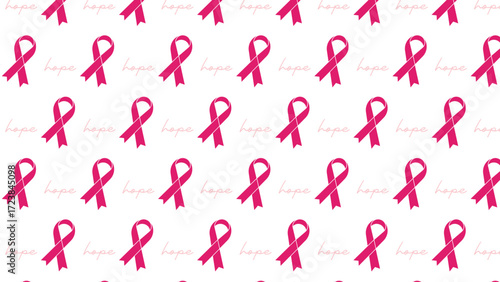 Breast cancer awareness seamless pattern with pink ribbons and the word 'hope'