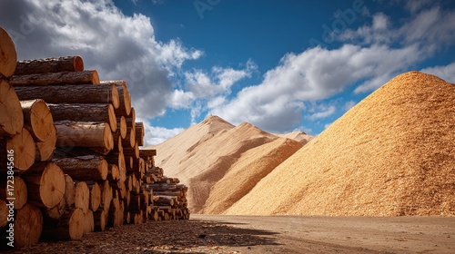 Stacked logs and woodchip piles under a cloudy blue sky, showcasing raw materials for industrial use in a lumberyard or wood processing facility.