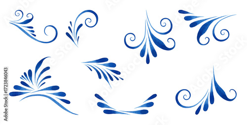 Set of watercolor illustrations with decorative curls. Ready-to-assemble styles, patterns, decorations, designs, borders, graphic design.