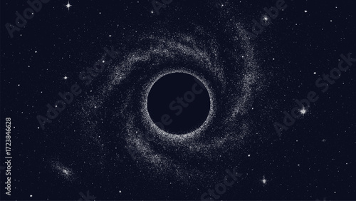 Black hole in deep space with stipple effect. Astrophotography dark galaxy background. Cosmic abstract art for science fiction.