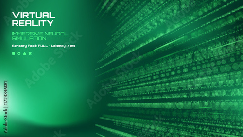 Green abstract virtual reality background with dots and immersive neural simulation text. Digital technology concept.