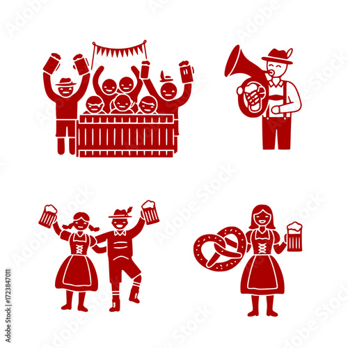 Oktoberfest celebration scenes in the vector set with traditional costumes and beer, , a trumpeter in a hat, dancing residents with beer, a villager with a huge brezel and beer, a large fenced area   