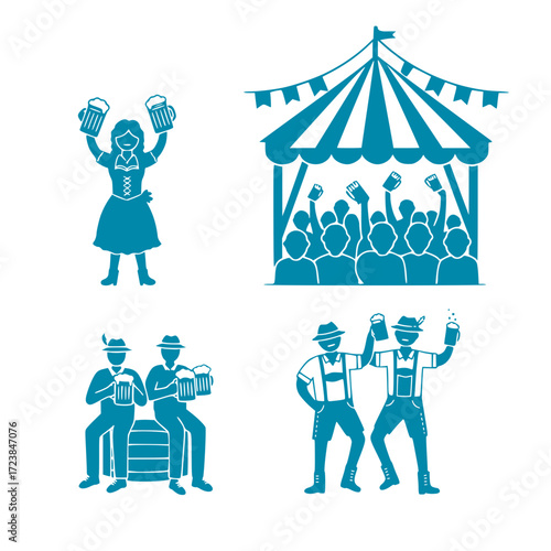 Festive people celebrate with beer at the Oktoberfest event in a vector set: a tent, a woman with beer, two men with beer sitting and dancing.