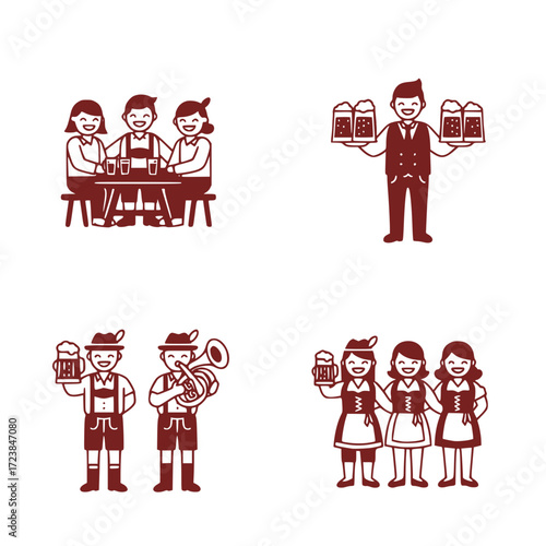 Vector Oktoberfest set: A group of people enjoying drinks and celebrating at the festival, people at a table with beer, three women with beer, a waiter with Oktoberfest beer