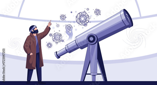 A cartoon illustration of a scientist observing galaxies through a large telescope discovering the