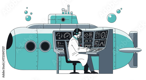 A cartoon illustration of a scientist operating a submarine control panel deep below the sea
