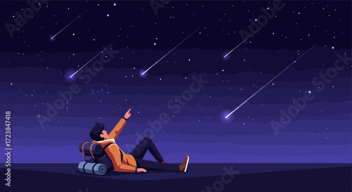 A man lying on the ground looking at shooting stars in the dark night sky illustration