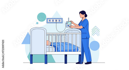 A medical professional monitoring a sleeping baby with medical equipment in a hospital nursery