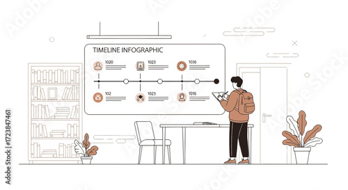 A person working on a timeline infographic in a stylish workspace setting a professional