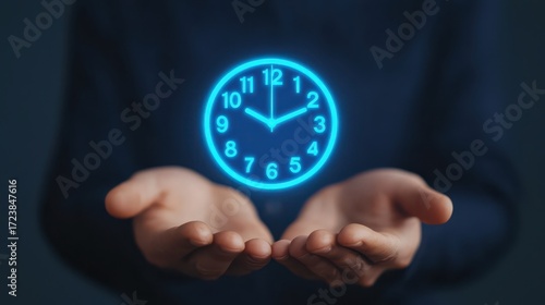 Wallpaper Mural A person holds a glowing, digital clock symbolizing the concept of time, set against a dark background. Torontodigital.ca