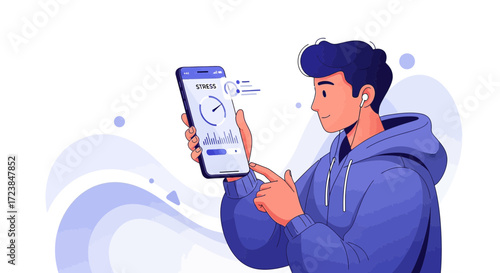 A young man uses a stress monitoring app on his smartphone wearing wireless earbuds
