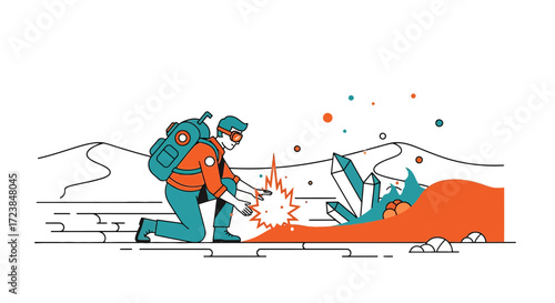 Adventurous explorer discovering magical crystals in a vibrant alien landscape illustration