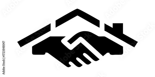 Handshake under house roof symbol for real estate trust
