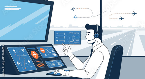 Air traffic controller managing flights in control tower for safe aviation operations