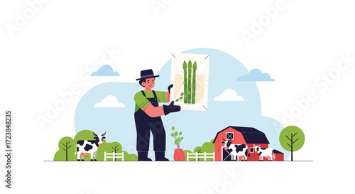 A farmer proudly displays a bag of fresh asparagus on his farm with cows and a barn in the background.
