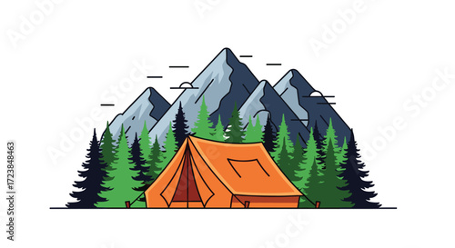 Enjoying the great outdoors with a tent in a serene mountain forest setting.
