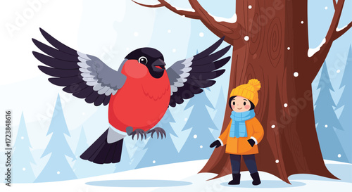 A child in winter clothes looks up at a bullfinch bird flying near a tree.