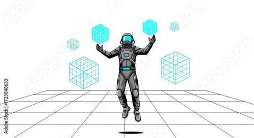Astronaut interacting with holographic cubes in a futuristic digital environment concept
