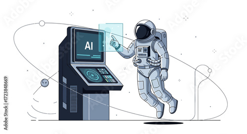 Astronaut interacts with AI interface in futuristic space exploration setting illustration