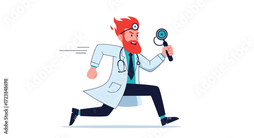 A frantic doctor in a white coat running with medical equipment.