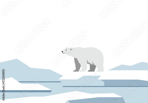 Solitary Polar Bear on Melting Arctic Ice Floe.