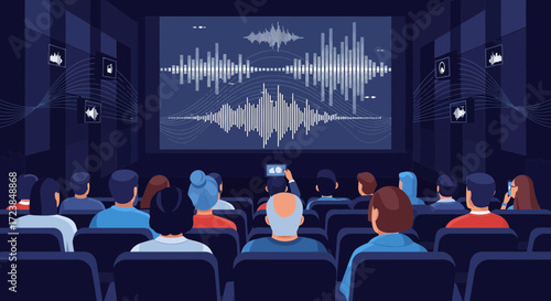 Audience watches audio spectrum analyzer visualization on large cinema screen