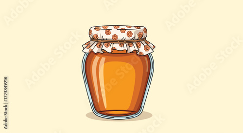 A delicious jar of golden honey with a patterned cloth lid.