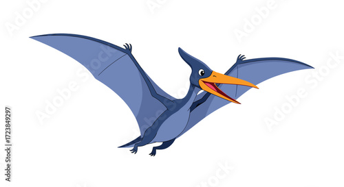 A cartoon pterodactyl flying with its wings spread wide open.