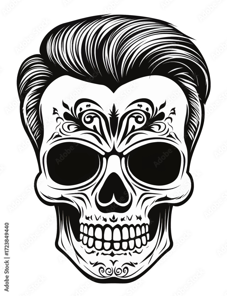 Obraz premium The illustration depicts a barber skull with a well-groomed male hairstyle. The image combines the aesthetics of barber culture with elements of gothic and brutalism.