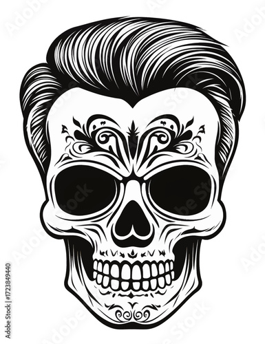 The illustration depicts a barber skull with a well-groomed male hairstyle. The image combines the aesthetics of barber culture with elements of gothic and brutalism.
